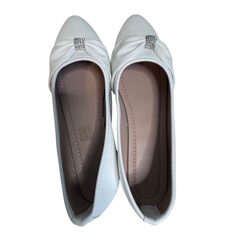 White Wedge Flats Size 11.5 Rhinestone Bow Pointed Toe Slip On Comfort Shoes